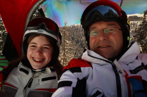 Auffahrt ins Skigebiet, Andreas und Tochter Marlene